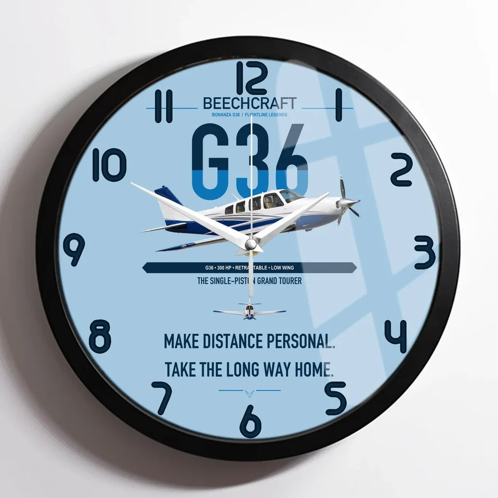 Beechcraft Bonanza G36 design on light blue framed wall clock