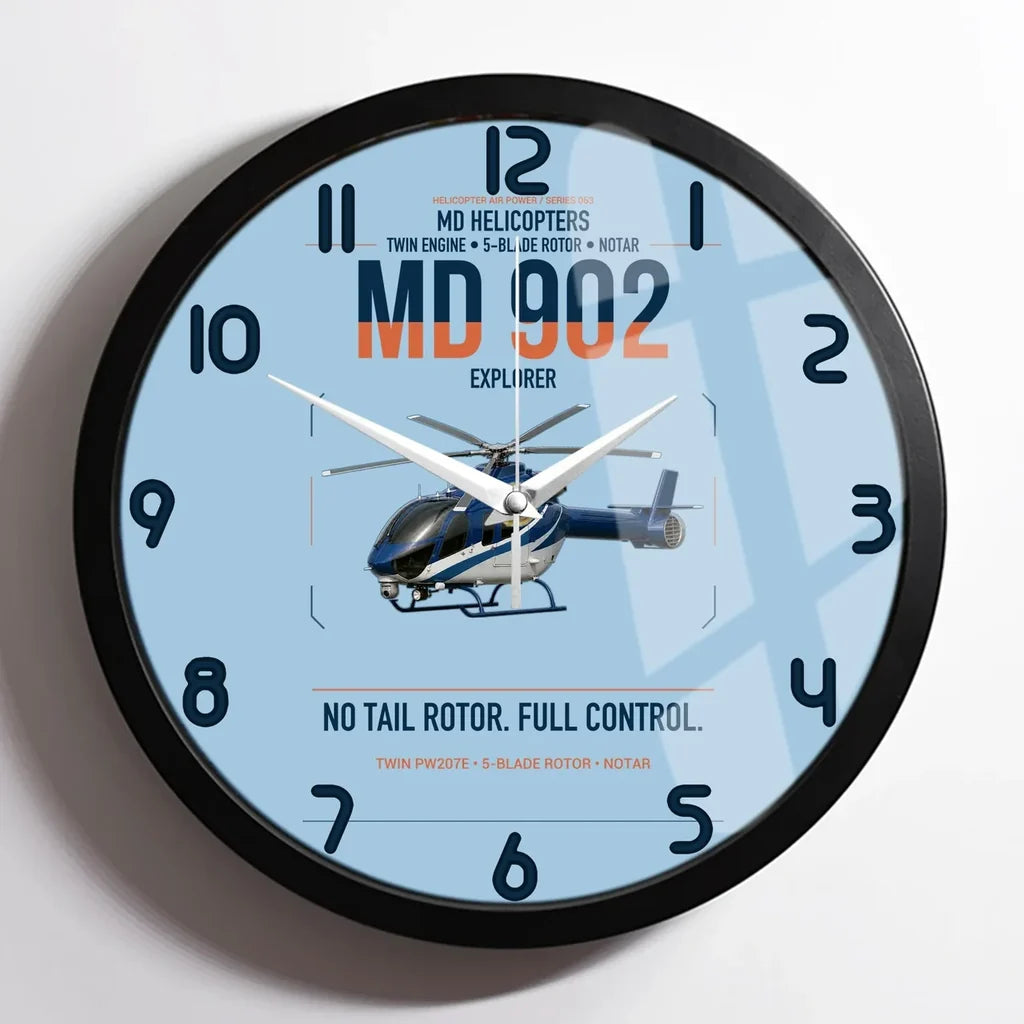 MD Helicopters MD 902 Explorer design on light blue framed wall clock
