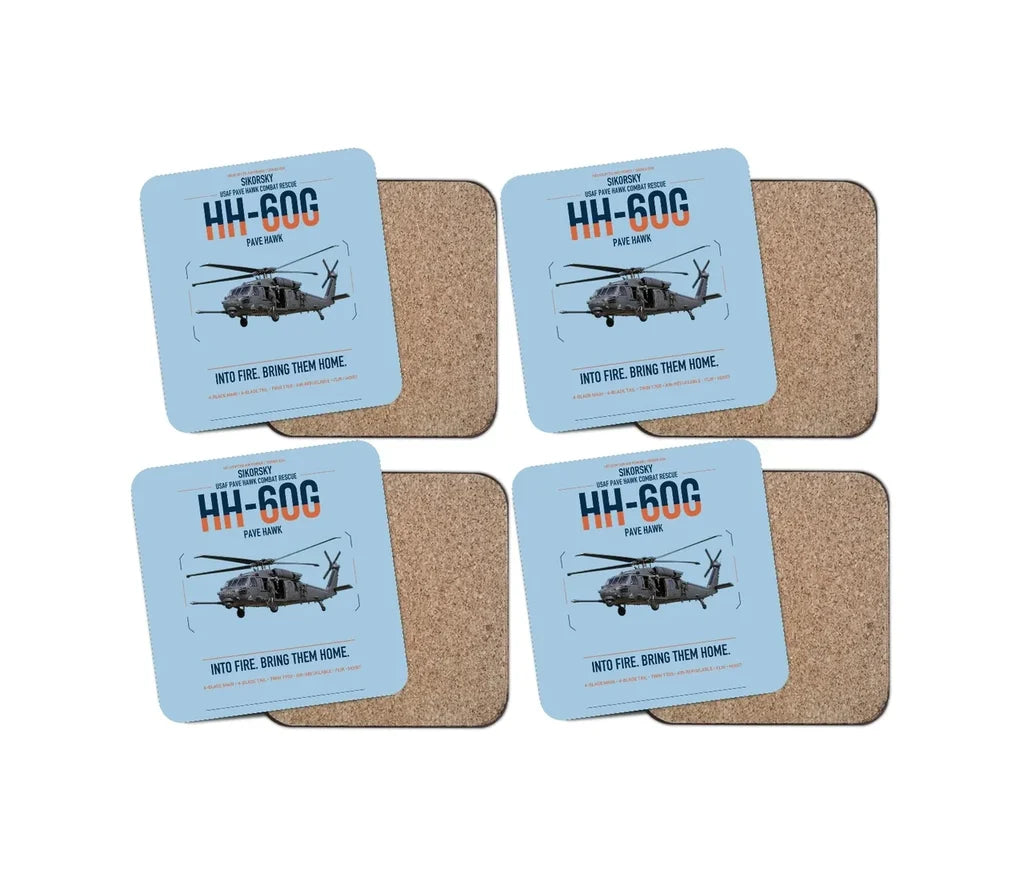 Sikorsky HH-60G Pave Hawk design on light blue 4 pieces set coaster