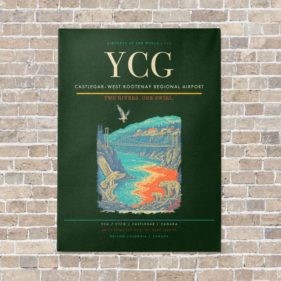 Castlegar–West Kootenay Regional Airport YCG vertical canvas print - no frame - dark green background
