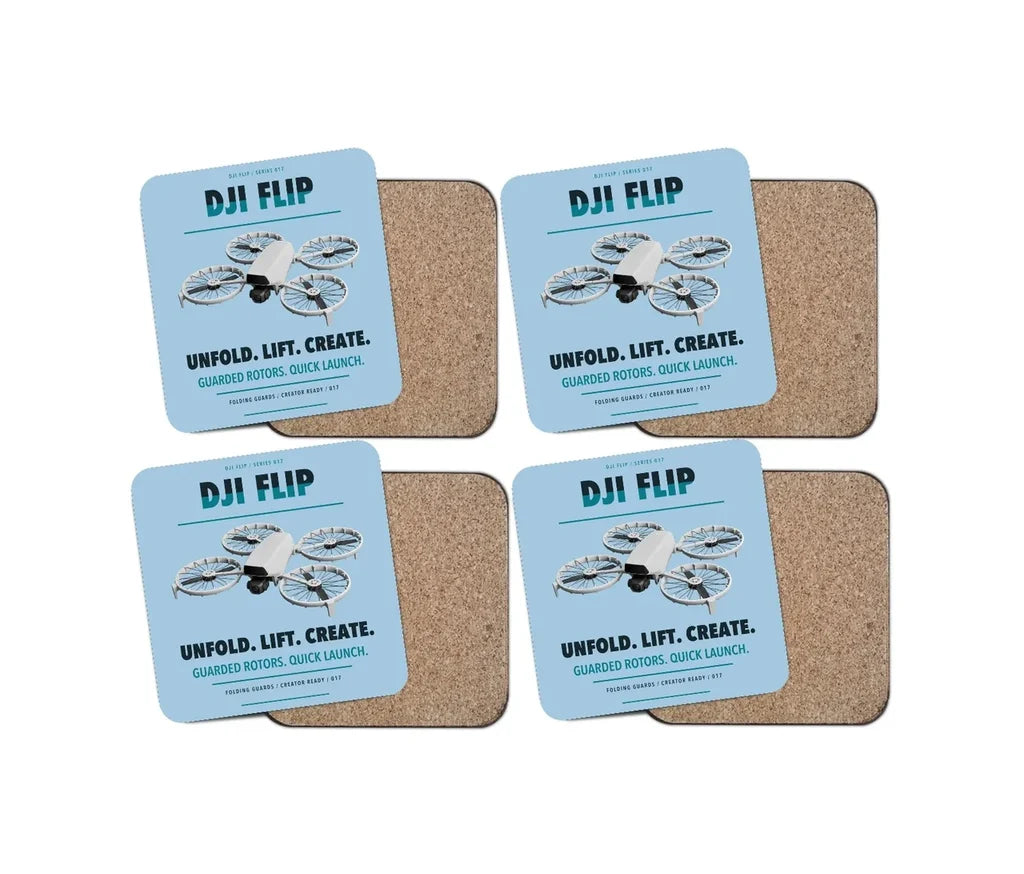 DJI Flip design on light blue 4 pieces set coaster