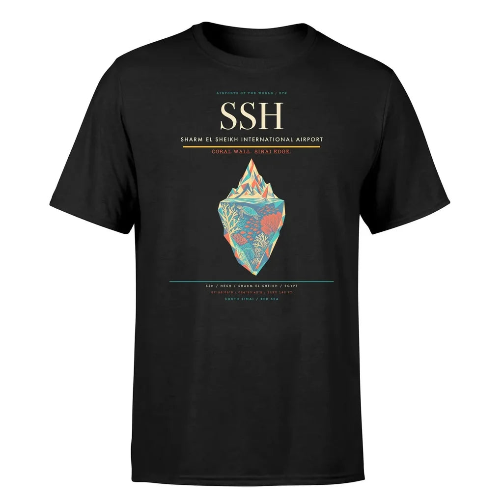Sharm El Sheikh International Airport (SSH) T-Shirt single-side front print in Black | sharm-el-sheikh-international-airport-ssh-double-side-t-shirt