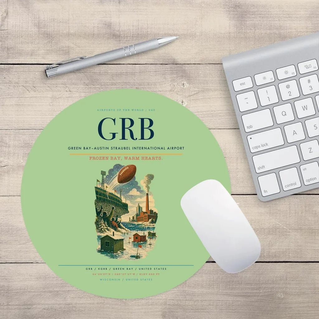 Green Bay–Austin Straubel International Airport (GRB) design on light green round mouse pad