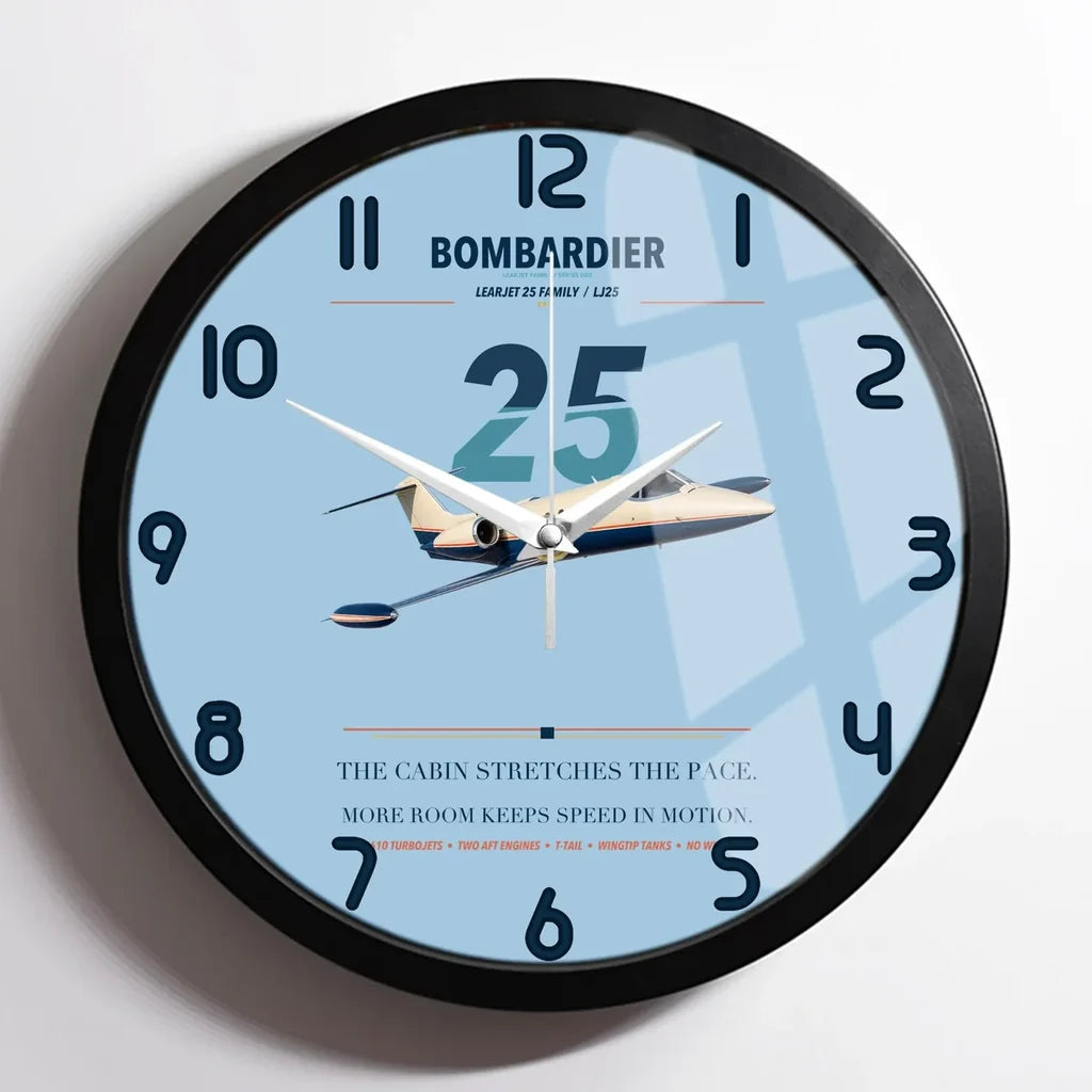 Bombardier Learjet 25 design on light blue framed wall clock