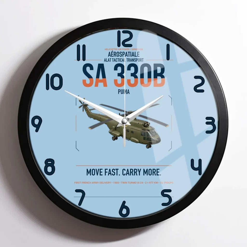 Aérospatiale SA 330B Puma design on light blue framed wall clock
