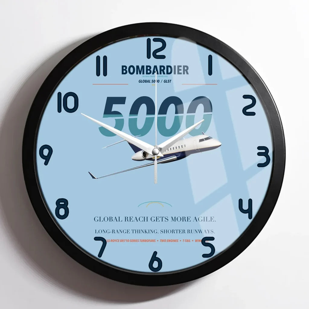Bombardier Global 5000 design on light blue framed wall clock