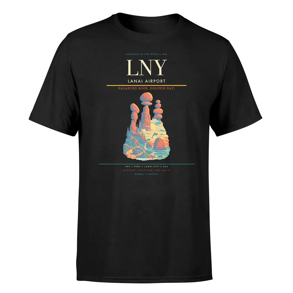 Lanai Airport (LNY) T-Shirt single-side front print in Black | lanai-airport-lny-double-side-t-shirt