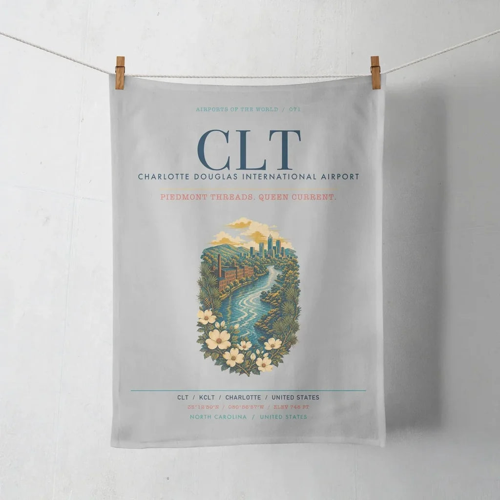 Charlotte Douglas International Airport (CLT) design on light gray towel