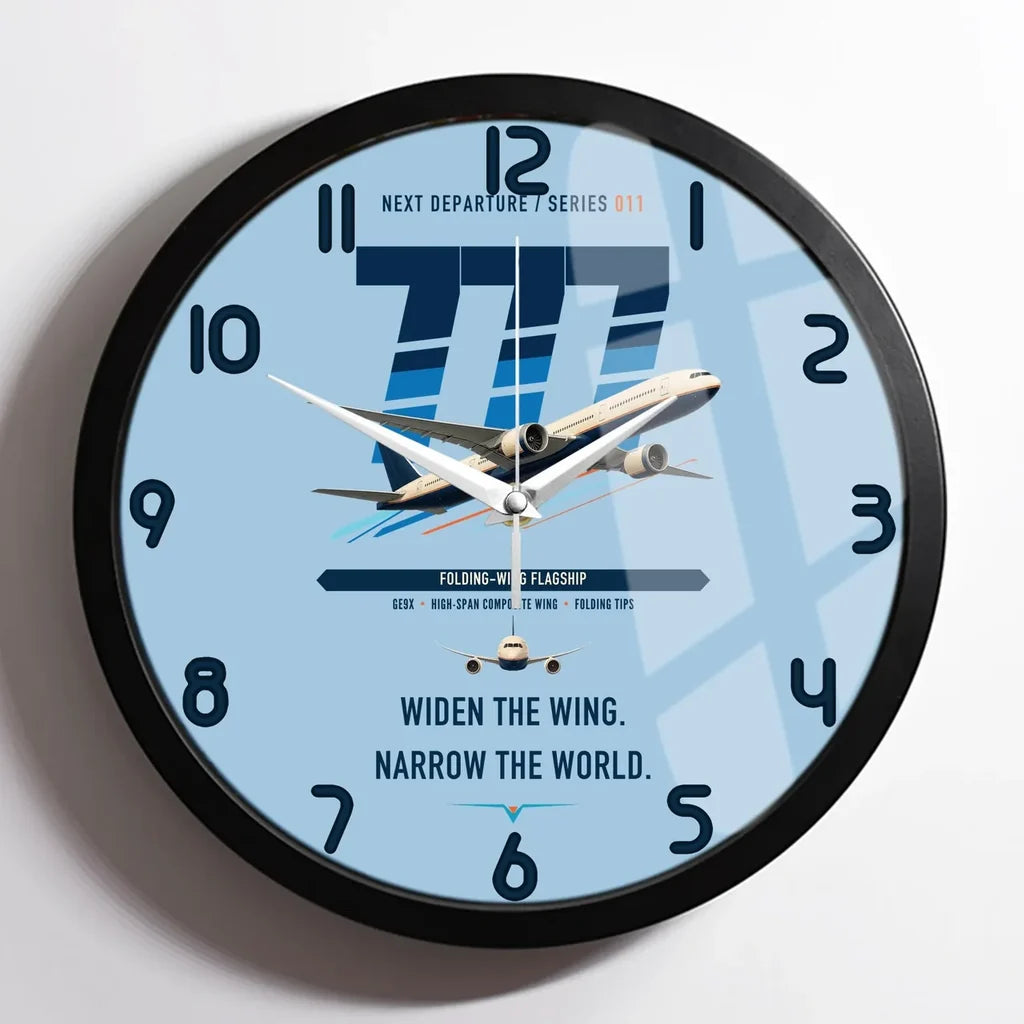 Boeing 777-9 design on light blue framed wall clock