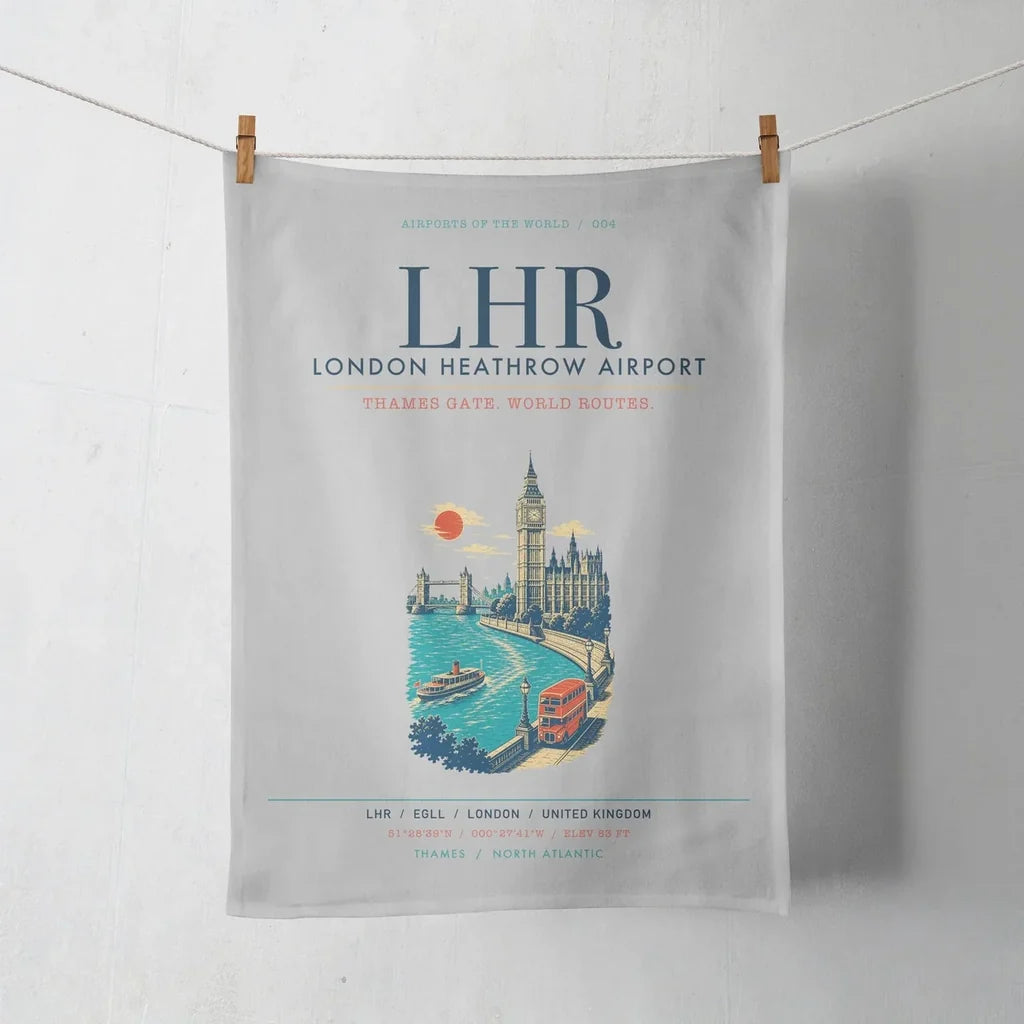 London Heathrow Airport (LHR) design on light gray towel