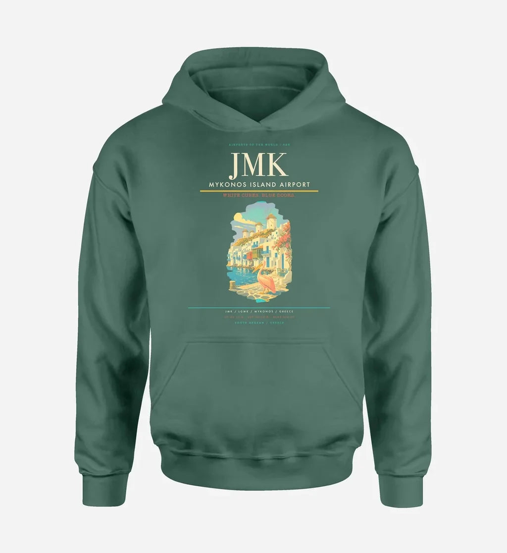 Mykonos Island Airport (JMK) design on green hoodie single-side print
