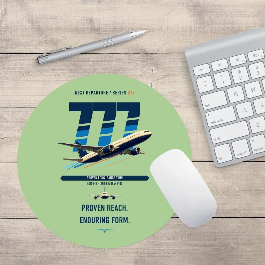 Boeing 777-200ER design on light green round mouse pad