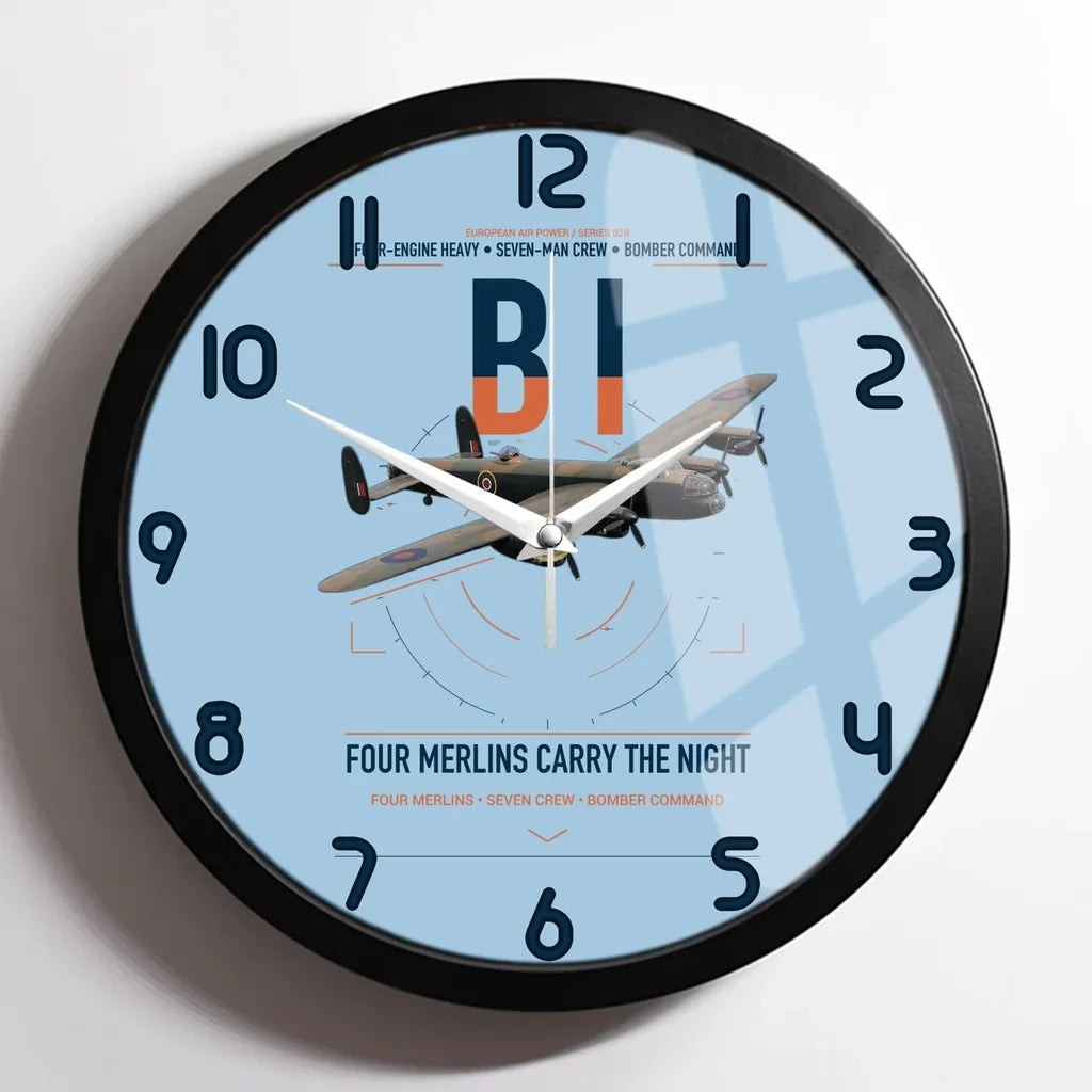 Avro Lancaster B I design on light blue framed wall clock
