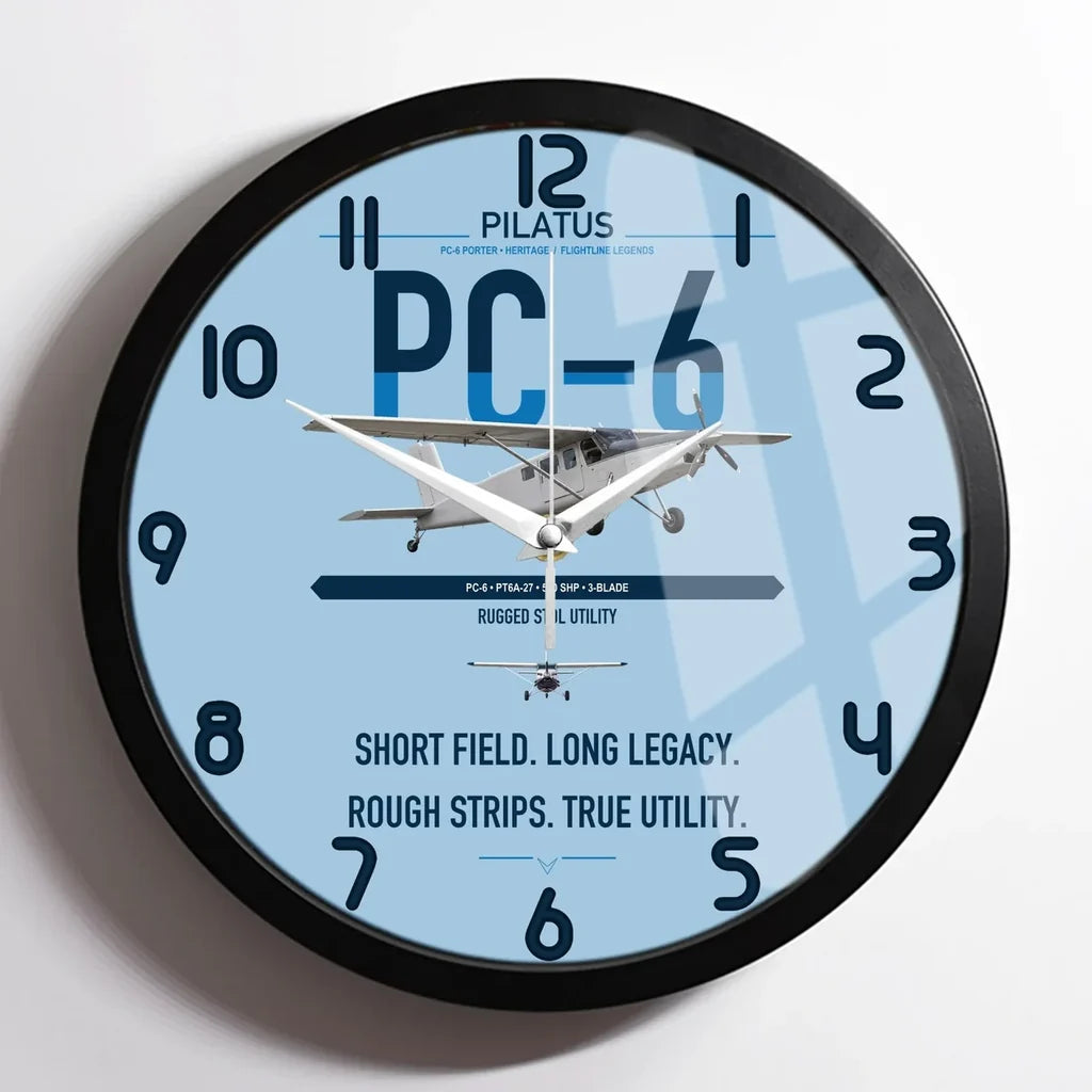 Pilatus PC-6 Porter design on light blue framed wall clock