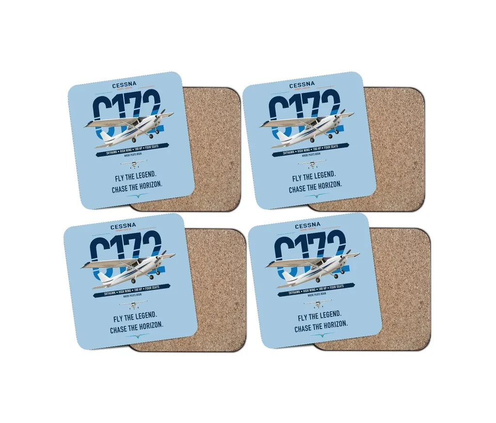 Cessna 172 Skyhawk design on light blue 4 pieces set coaster