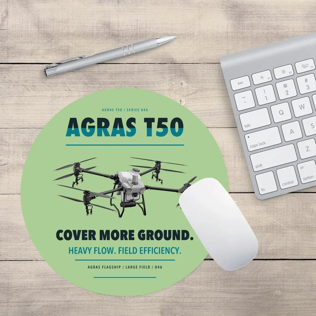 DJI Agras T50 design on light green round mouse pad