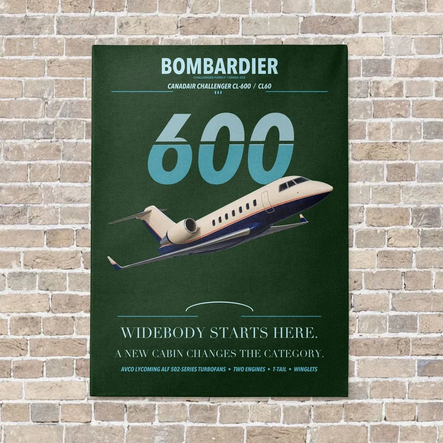 Bombardier Challenger 600 vertical canvas print - no frame - dark green background