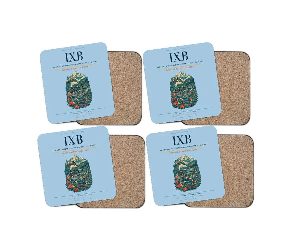 Bagdogra International Airport (IXB) design on light blue 4 pieces set coaster