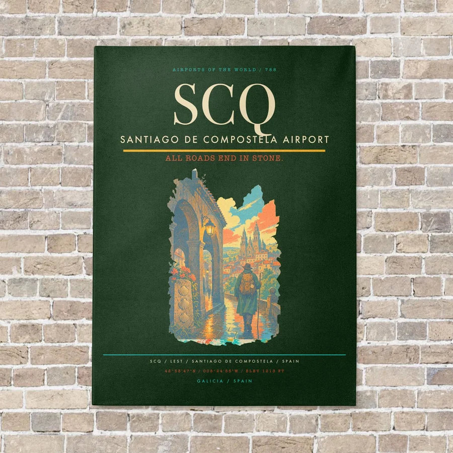 Santiago de Compostela Airport SCQ vertical canvas print - no frame - dark green background