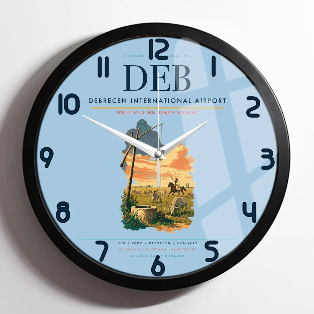 Debrecen International Airport (DEB) design on light blue framed wall clock