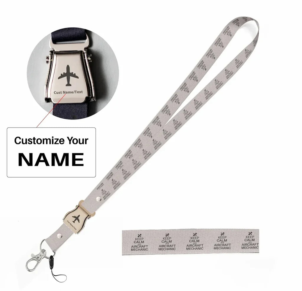 Aircraft Mechanic seat belt lanyard - light gray with name
