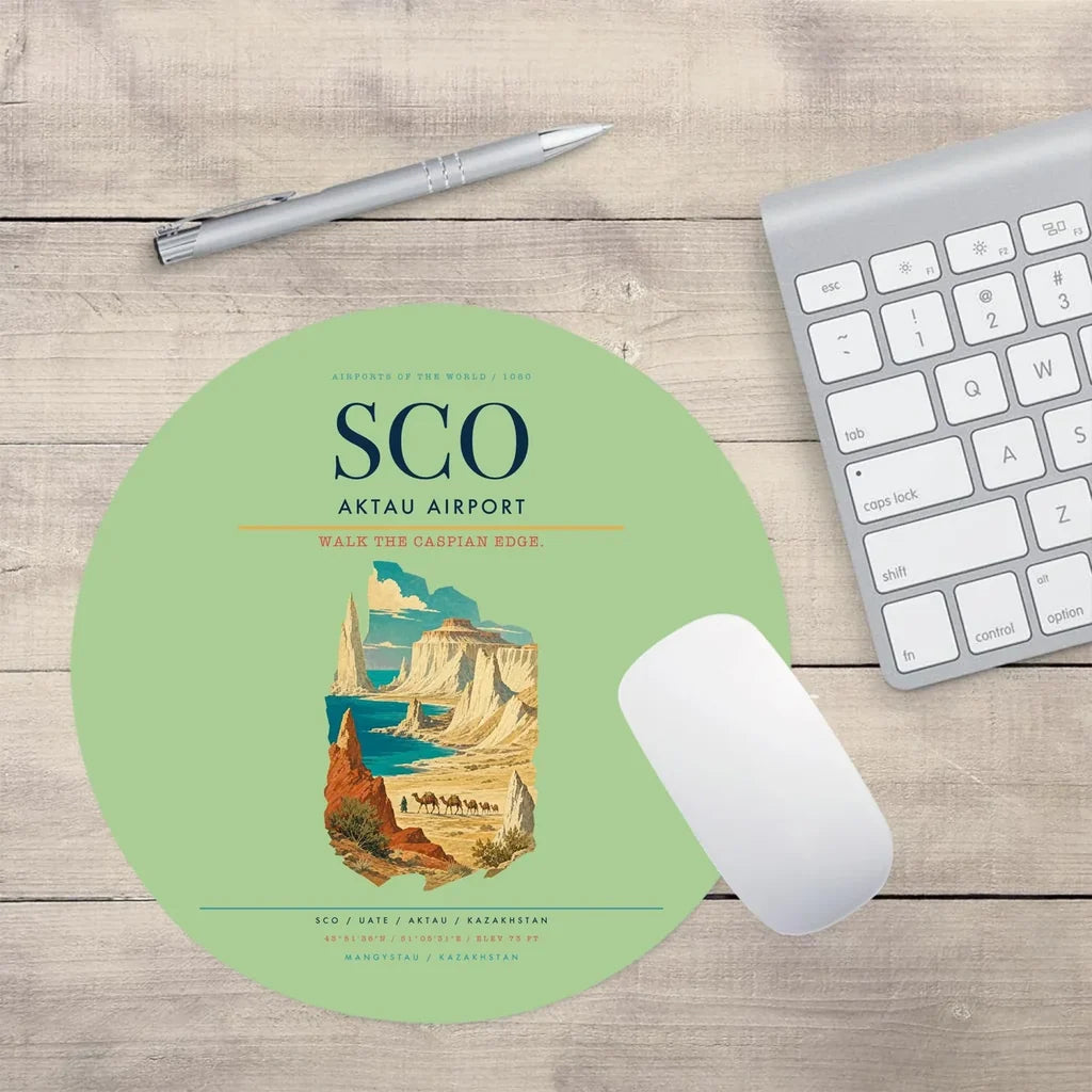 Aktau Airport (SCO) design on light green round mouse pad