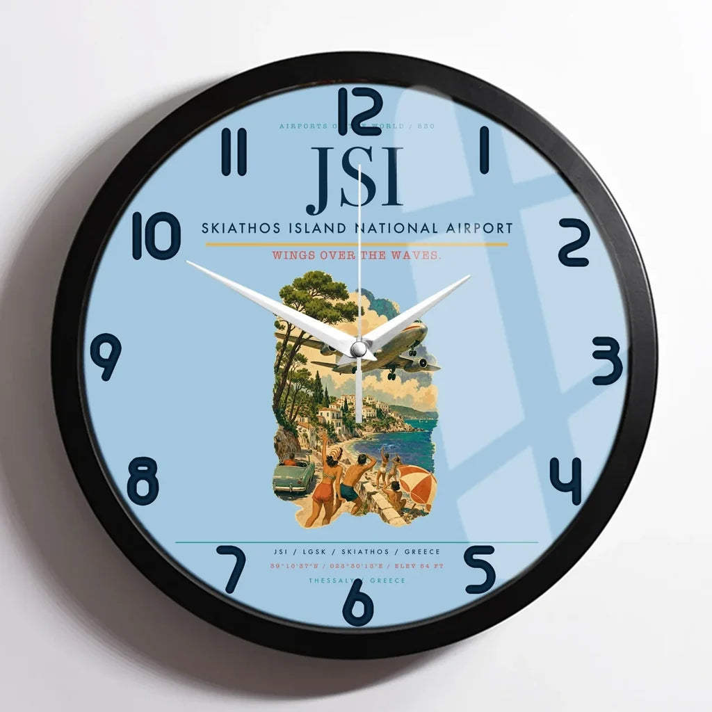 Skiathos Island National Airport (JSI) design on light blue framed wall clock