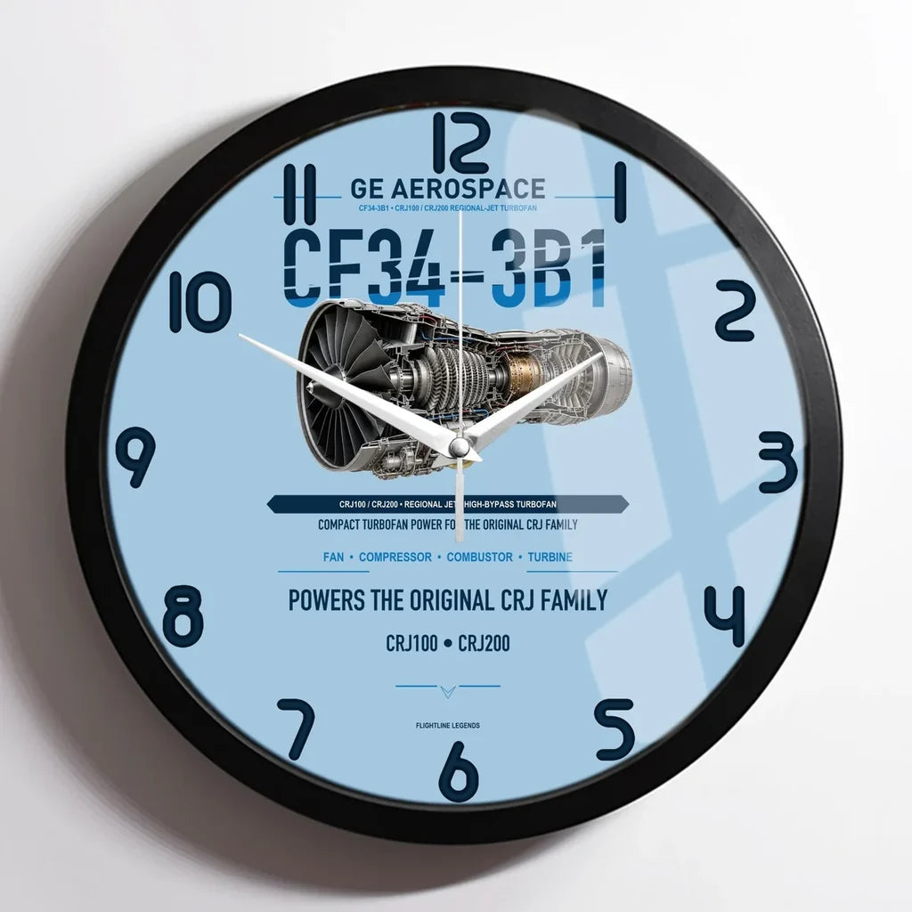 CF34-3B1 design on light blue framed wall clock