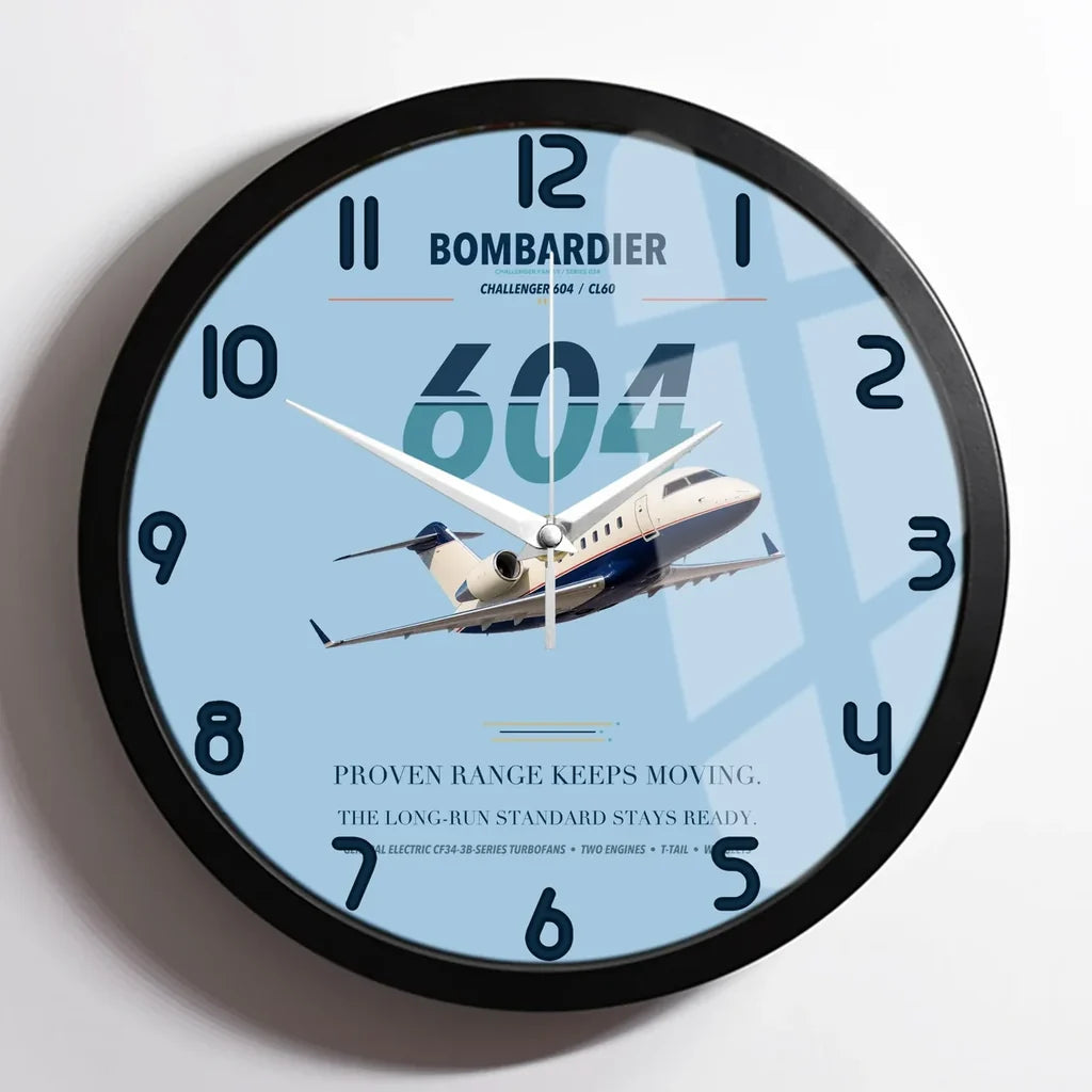 Bombardier Challenger 604 design on light blue framed wall clock