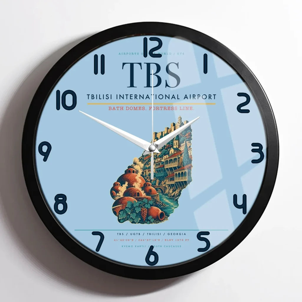 Tbilisi International Airport (TBS) design on light blue framed wall clock