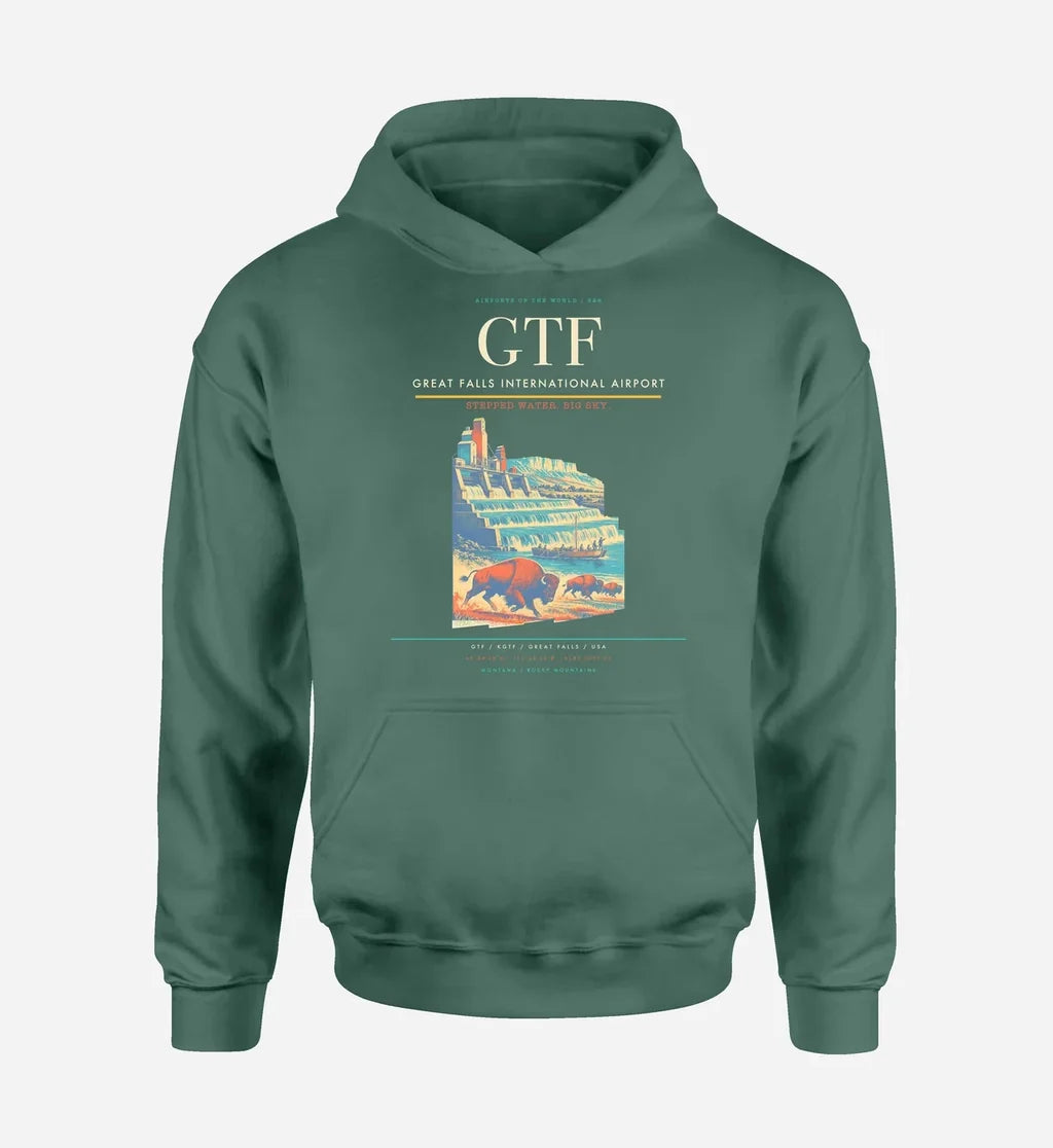 Great Falls International Airport (GTF) design on green hoodie single-side print