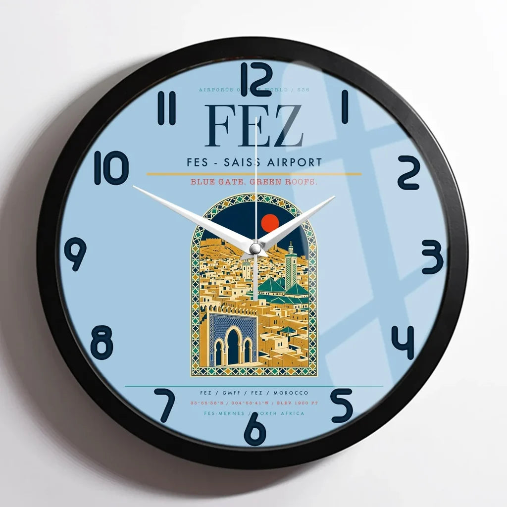 Fes (FEZ) design on light blue framed wall clock