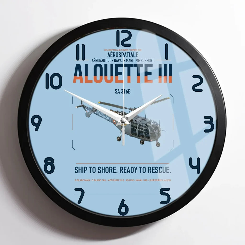 Aérospatiale SA 316B Alouette III design on light blue framed wall clock