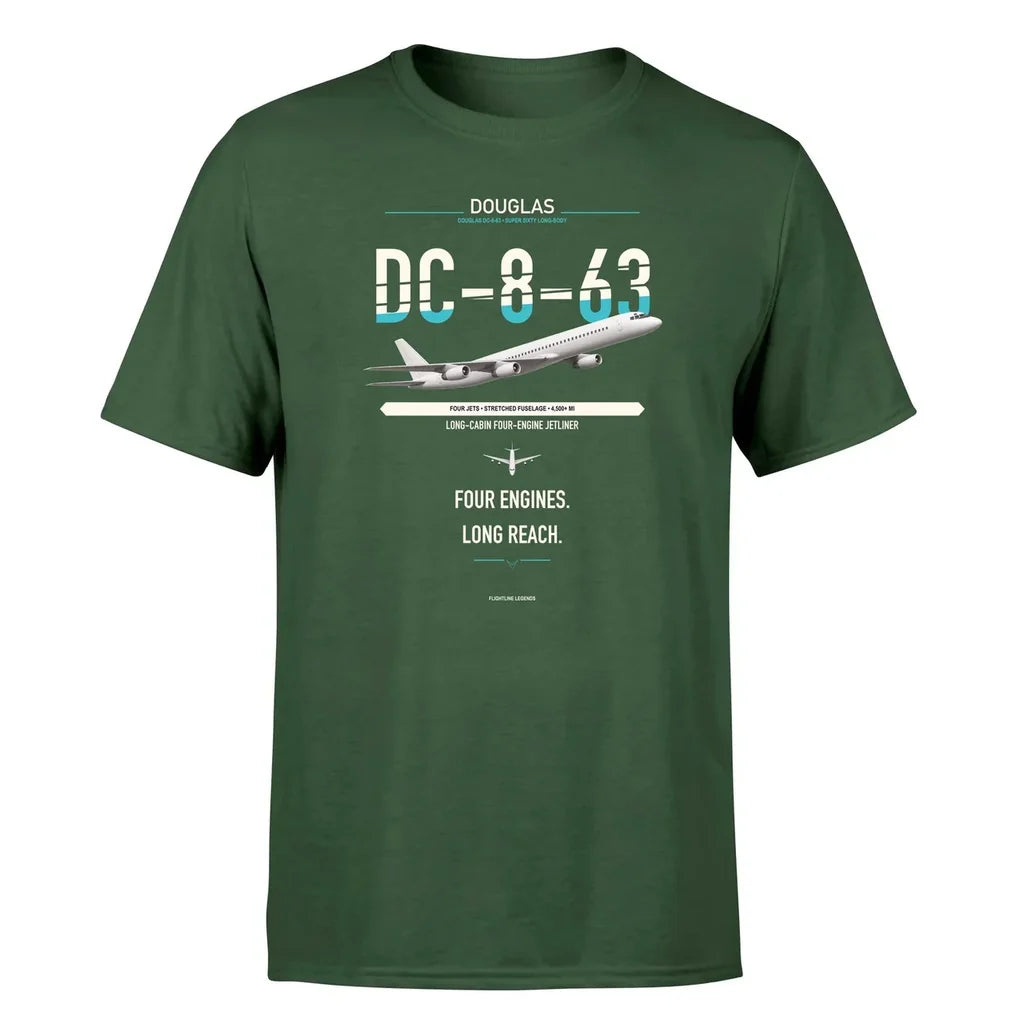 Douglas DC-8-63 design on dark green double-side t-shirt, single-side print