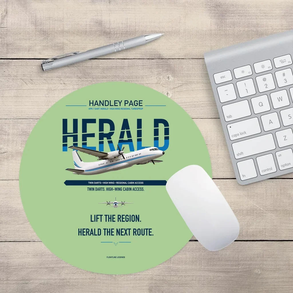 Handley Page HPR.7 Dart Herald design on light green round mouse pad