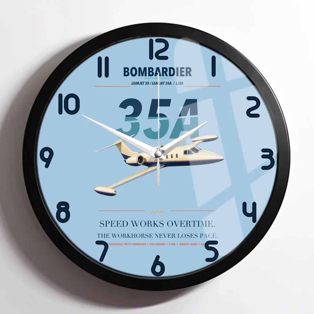 Bombardier Learjet 35A design on light blue framed wall clock