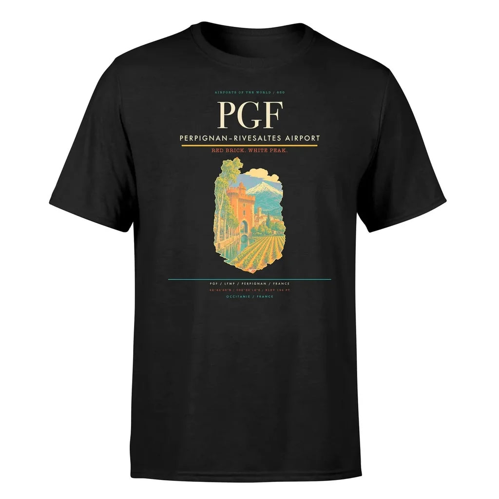 Perpignan–Rivesaltes Airport (PGF) T-Shirt single-side front print in Black | perpignanrivesaltes-airport-pgf-double-side-t-shirt