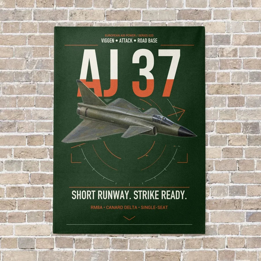 Saab AJ 37 Viggen vertical canvas print - no frame - dark green background