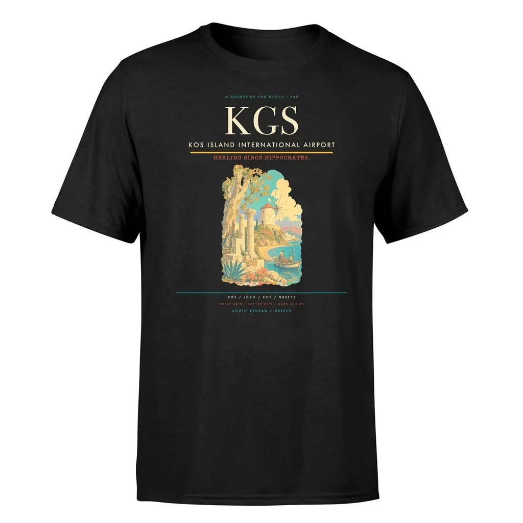 Kos Island International Airport (KGS) T-Shirt single-side front print in Black | kos-island-international-airport-kgs-double-side-t-shirt