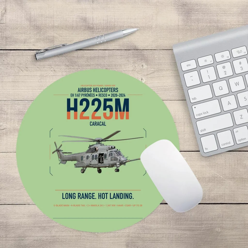 Airbus Helicopters H225M Caracal design on light green round mouse pad