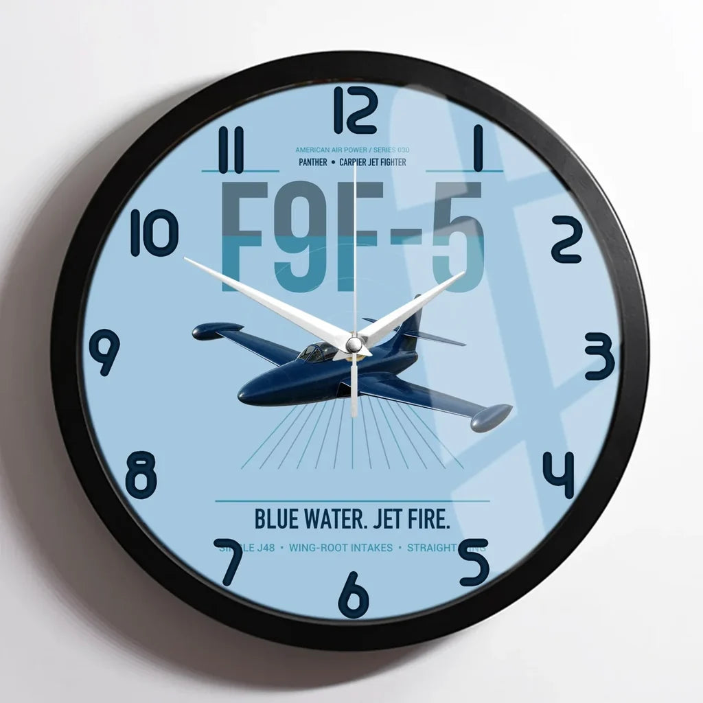 F9F-5 Panther design on light blue framed wall clock