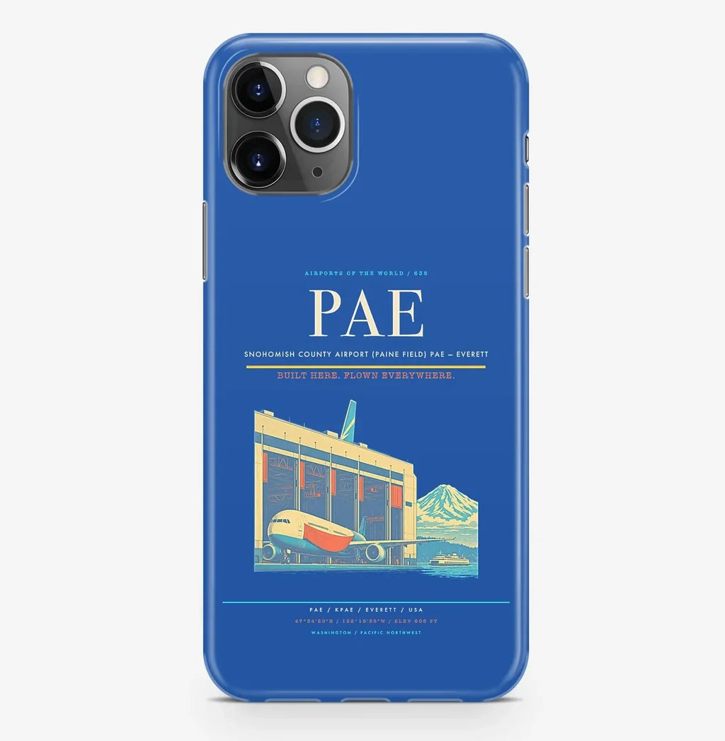 Everett Airport (PAE) design on blue iPhone 16 Pro MagSafe case