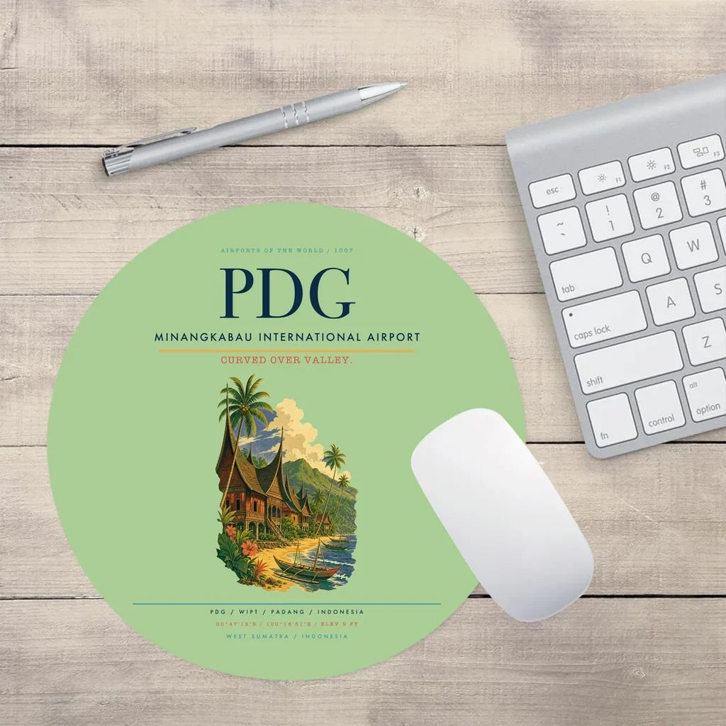 Minangkabau International Airport (PDG) design on light green round mouse pad