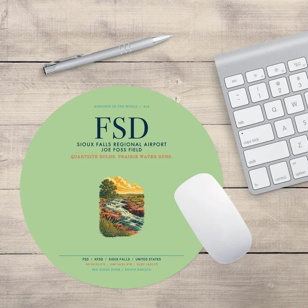 Sioux Falls Regional Airport Joe Foss Field (FSD) design on light green round mouse pad