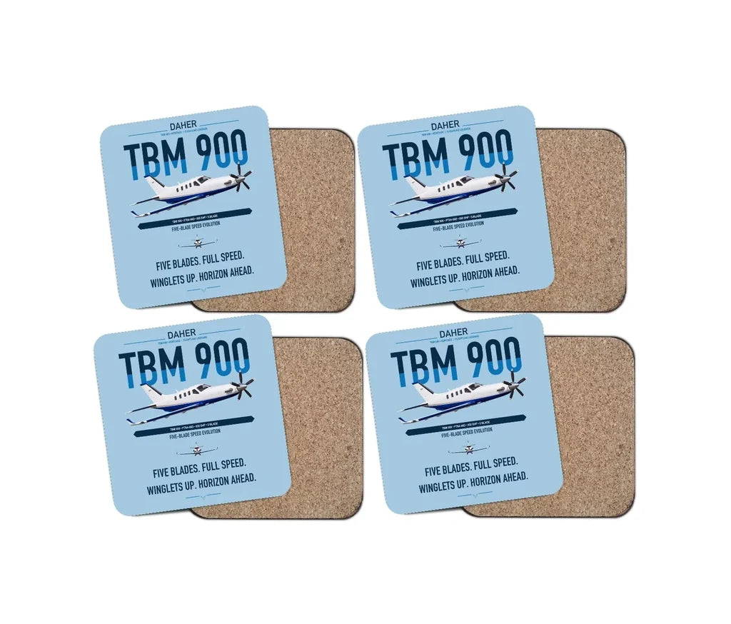 Daher TBM 900 design on light blue 4 pieces set coaster