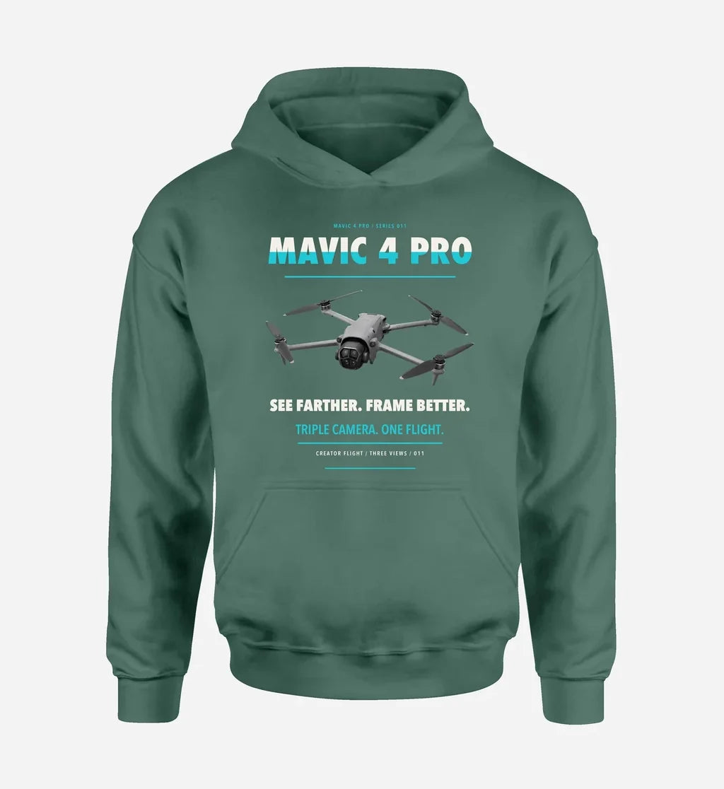 DJI Mavic 4 Pro design on green hoodie single side
