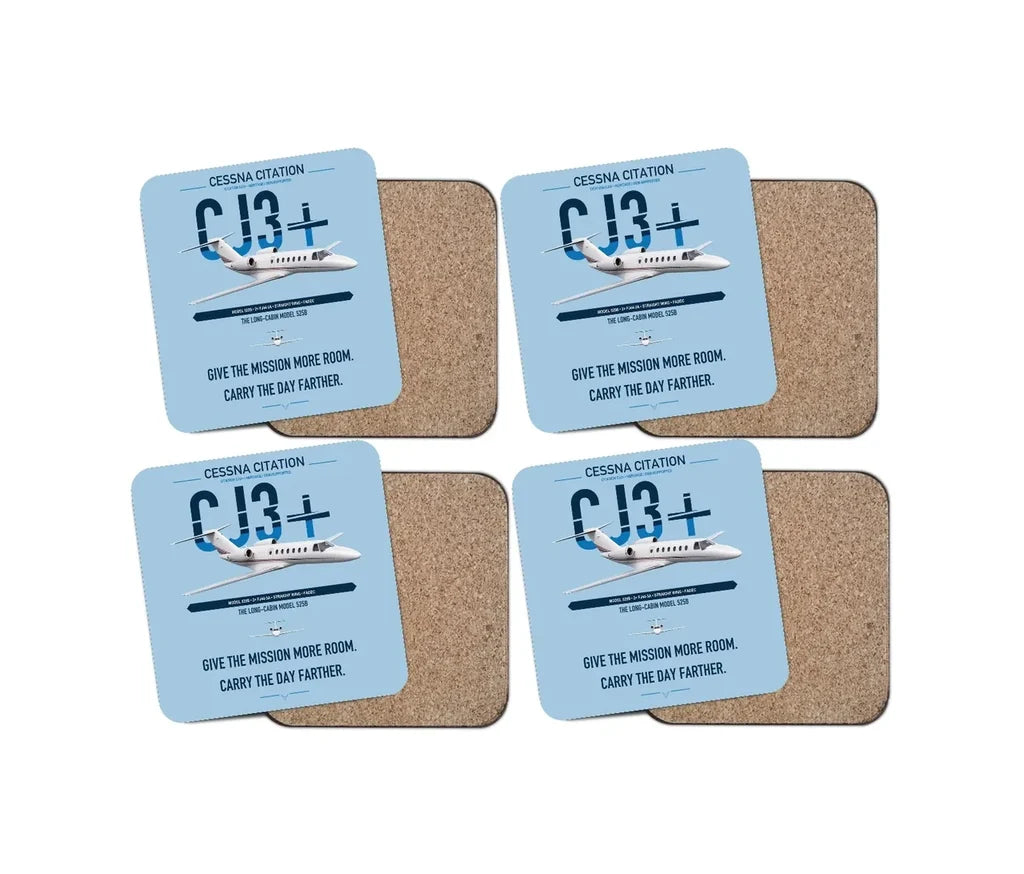Cessna Citation CJ3+ design on light blue 4 pieces set coaster