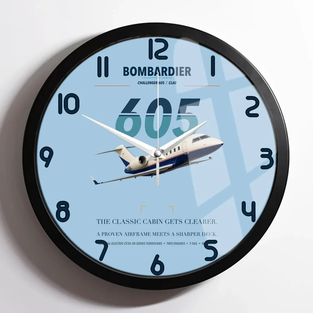 Bombardier Challenger 605 design on light blue framed wall clock