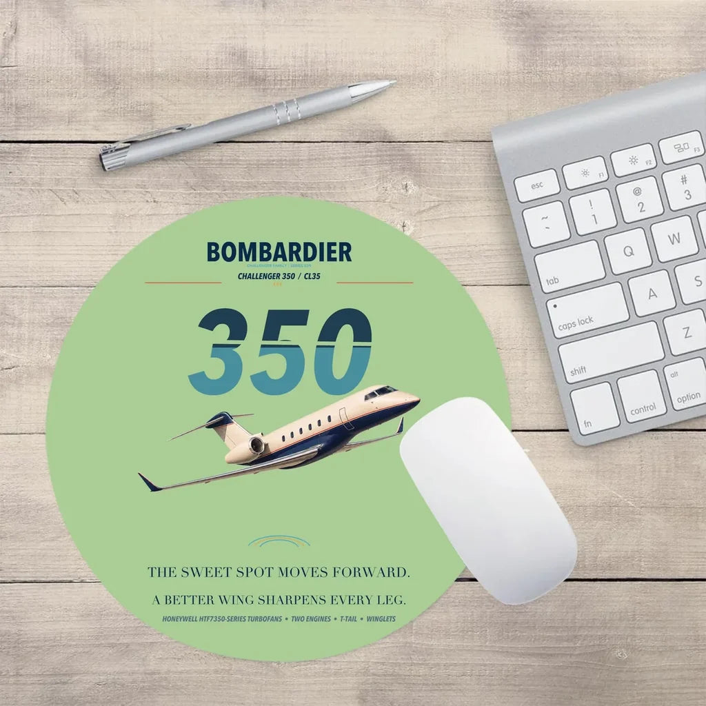 Bombardier Challenger 350 design on light green round mouse pad