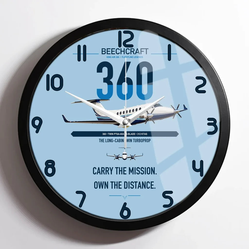 Beechcraft King Air 360 design on light blue framed wall clock